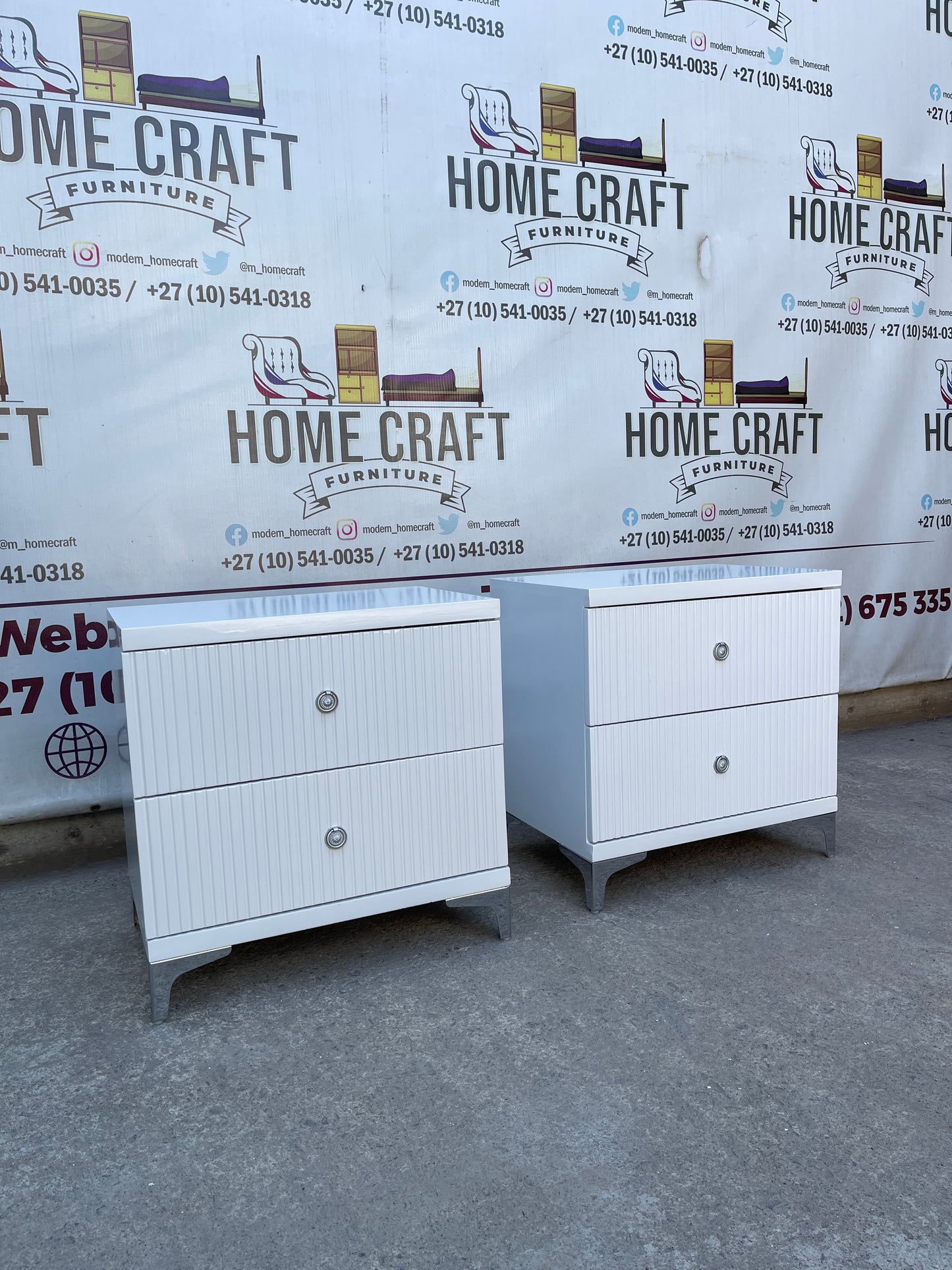 2 Drawer Pedestals With Lines & Silver Legs - White