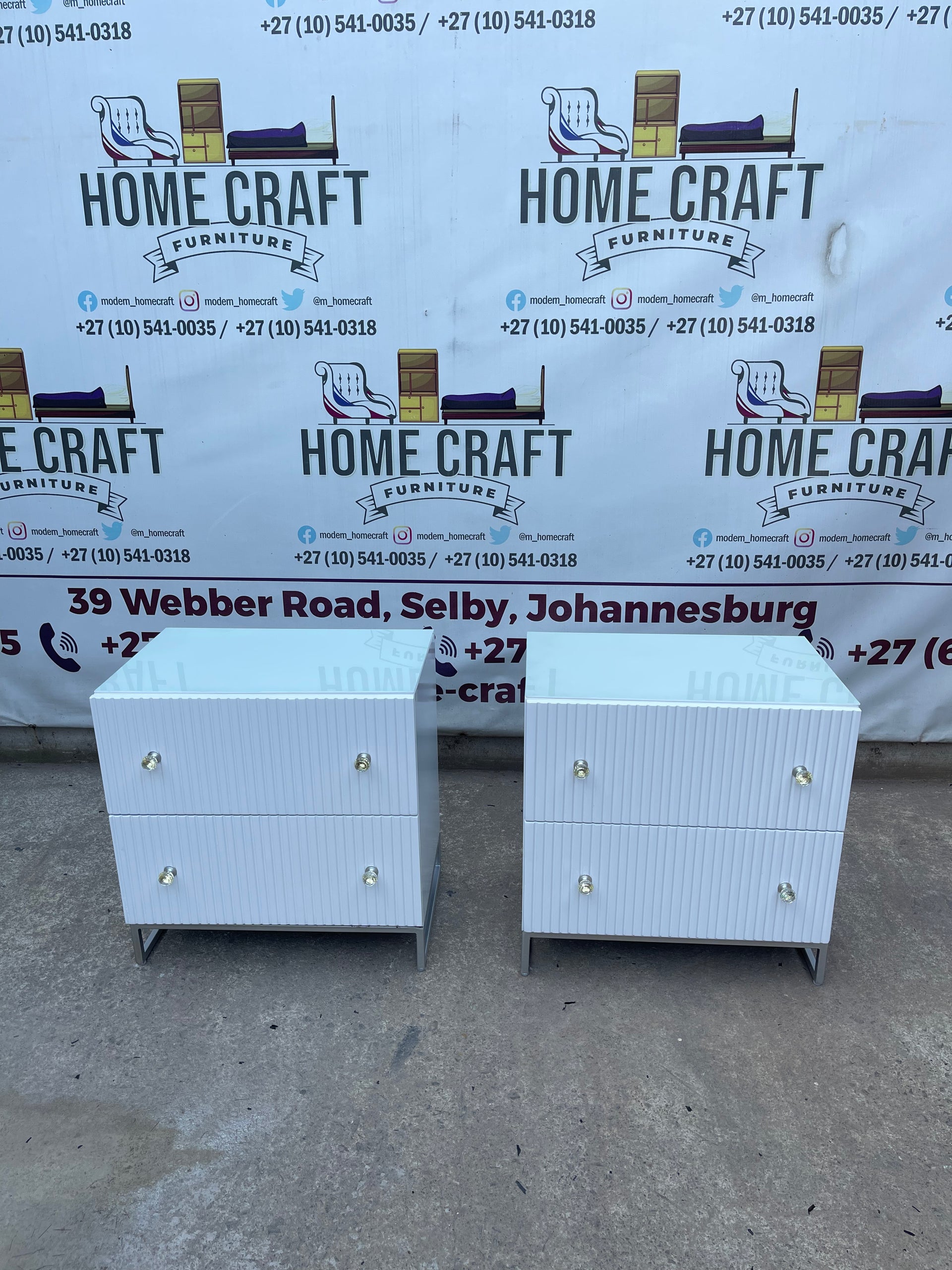 2 Drawer Pedestals With Lines & Double Glass Knob Handles With Steel Base Frame.