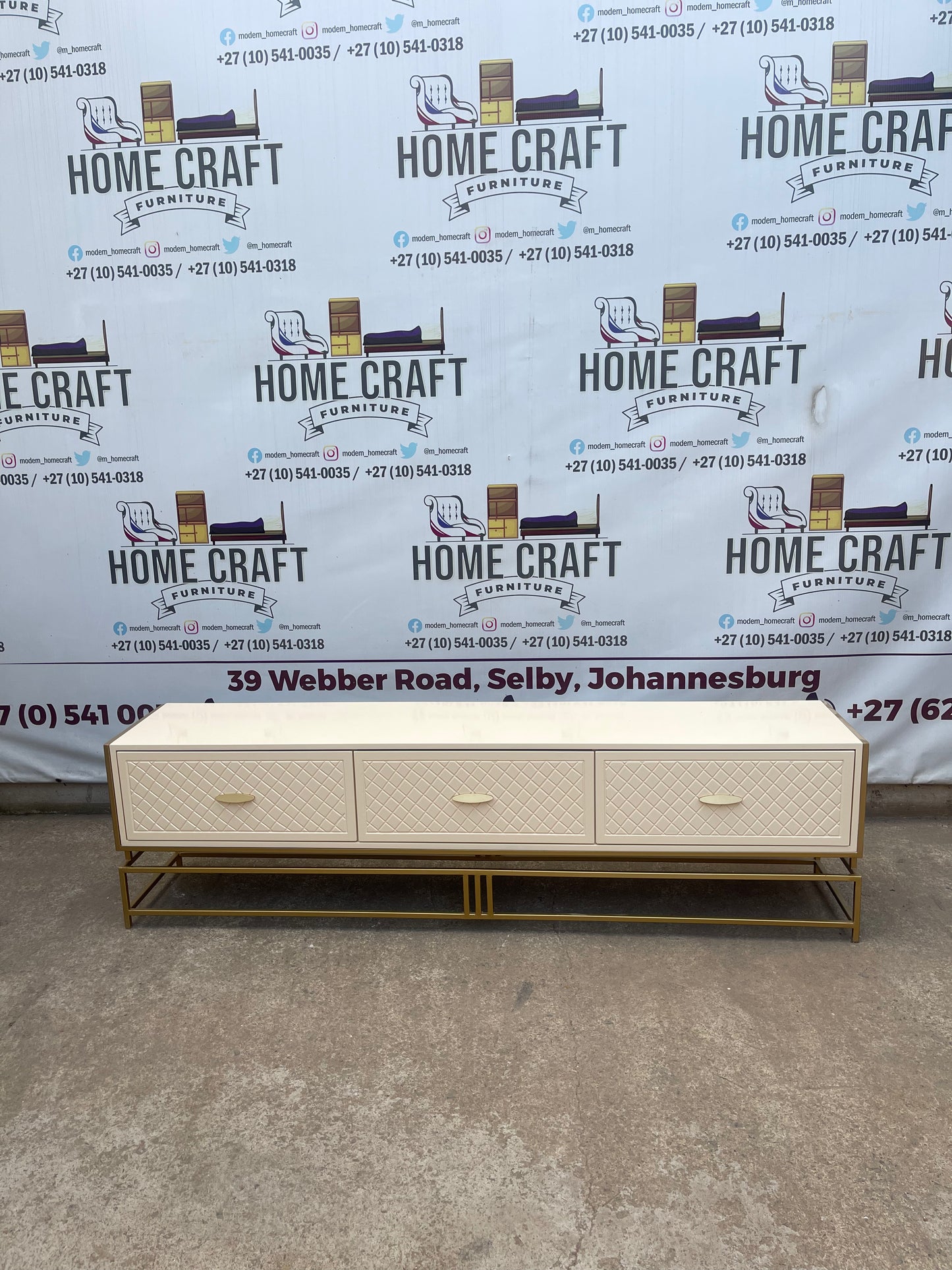 Gold Frame Tv Stand- 3 Drawers With Diamond Faces