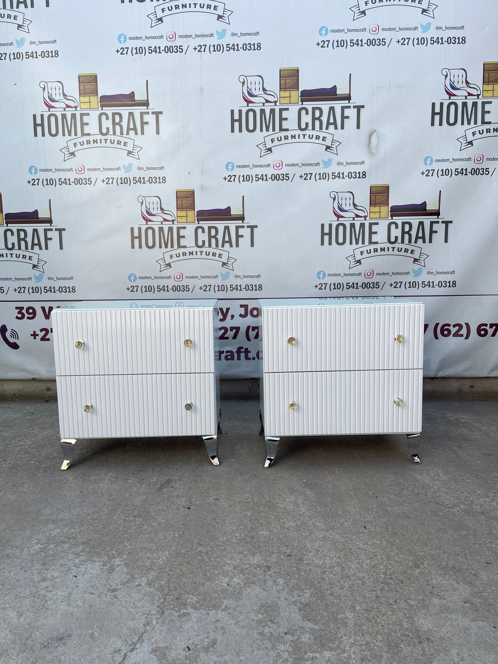 2 Drawer Pedestals With Lines, Legs & Double Glass Knob Handles.