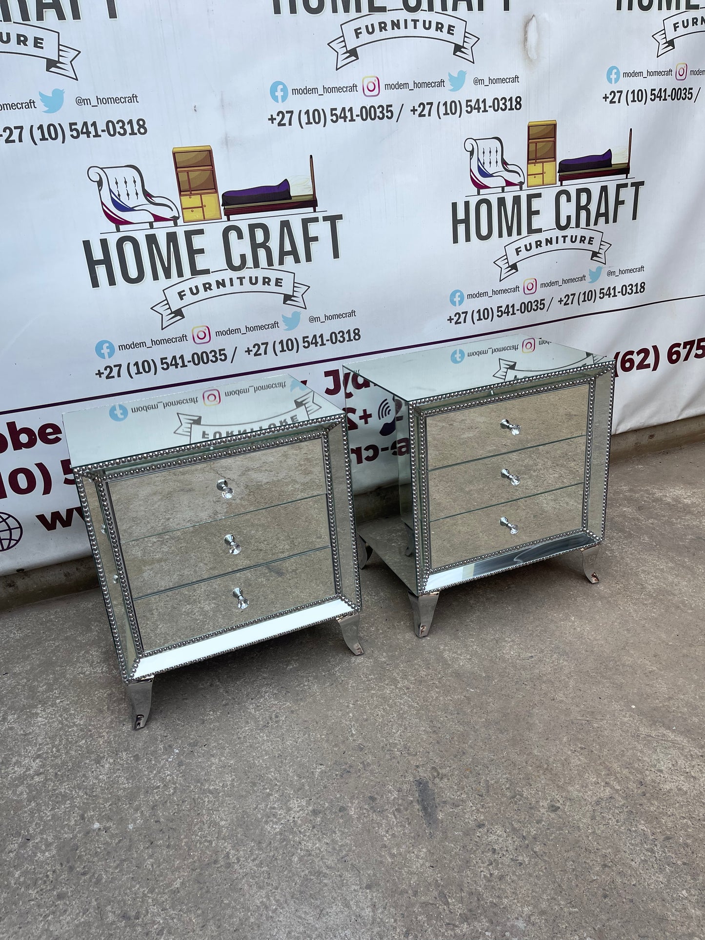 Face In - 3 Drawer Mirror Pedestals With Silver Studs