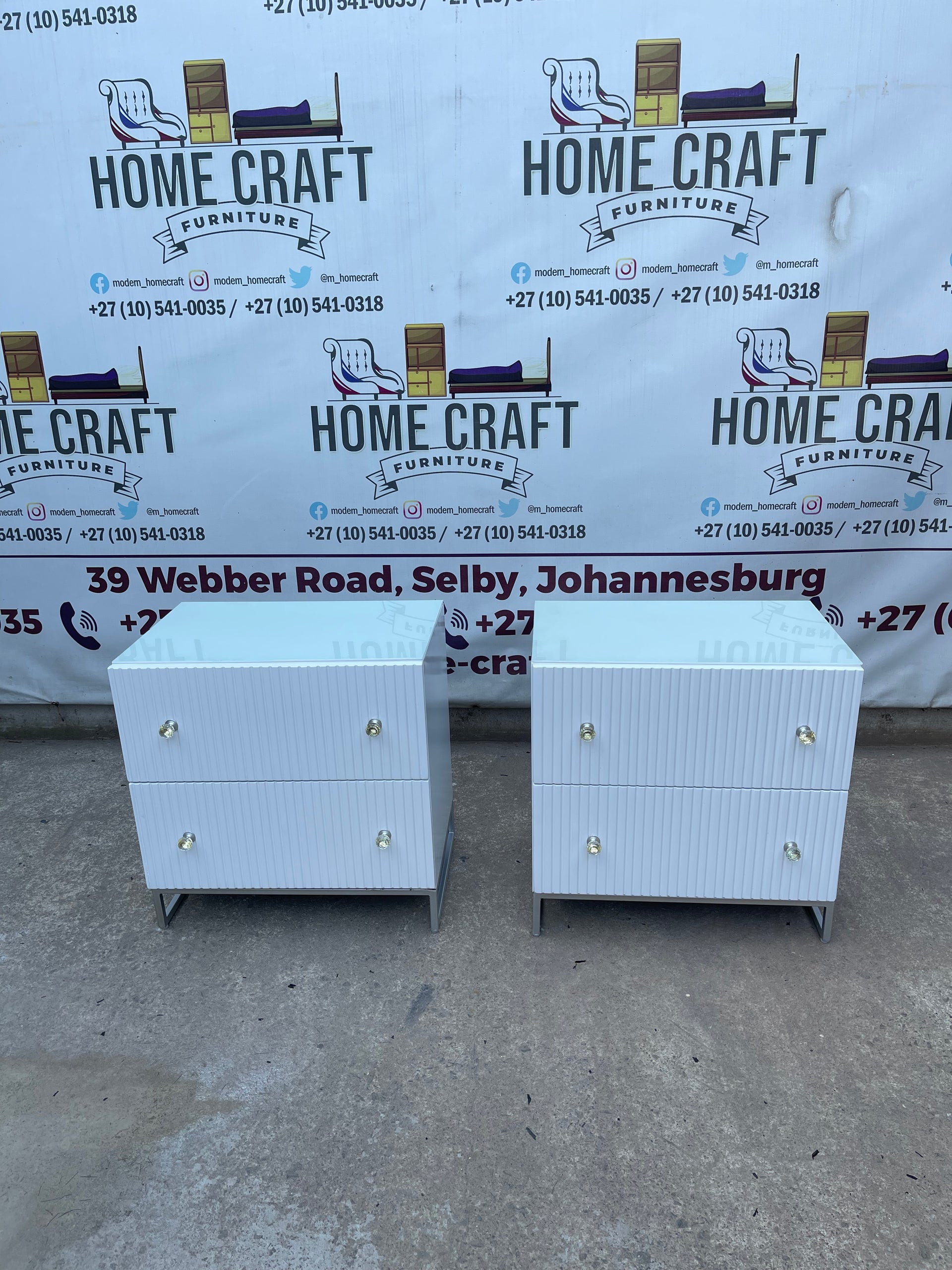 2 Drawer Pedestals With Lines & Double Glass Knob Handles With Steel Base Frame.