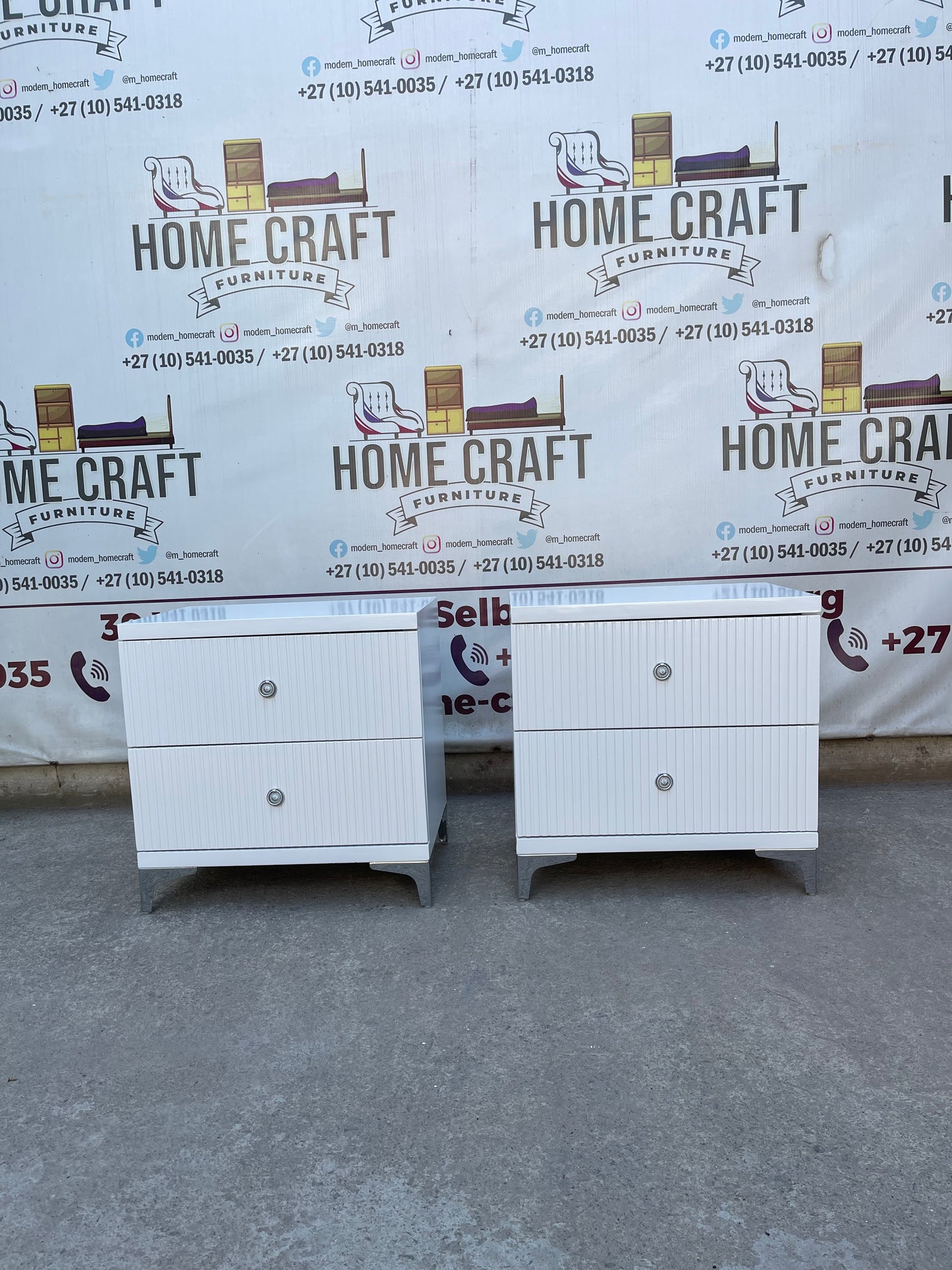 2 Drawer Pedestals With Lines & Silver Legs - White