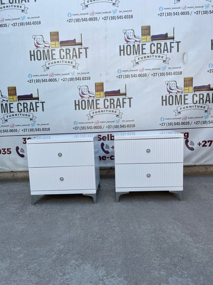 2 Drawer Pedestals With Lines & Silver Legs - White