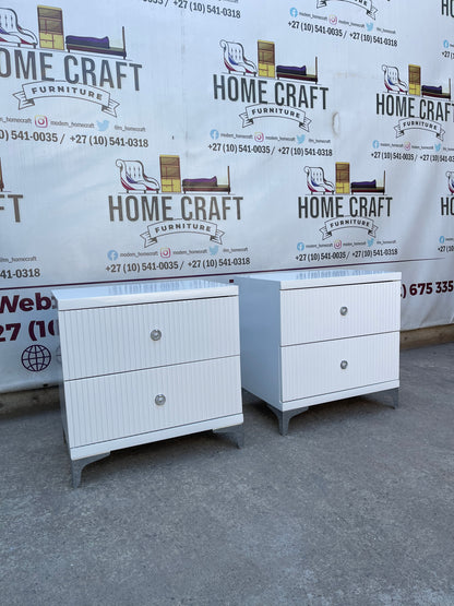 2 Drawer Pedestals With Lines & Silver Legs - White