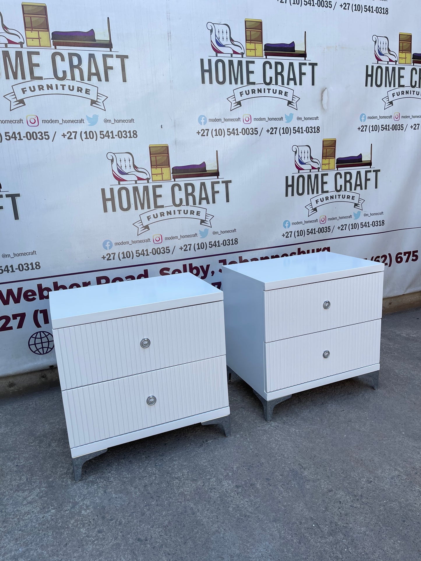 2 Drawer Pedestals With Lines & Silver Legs - White