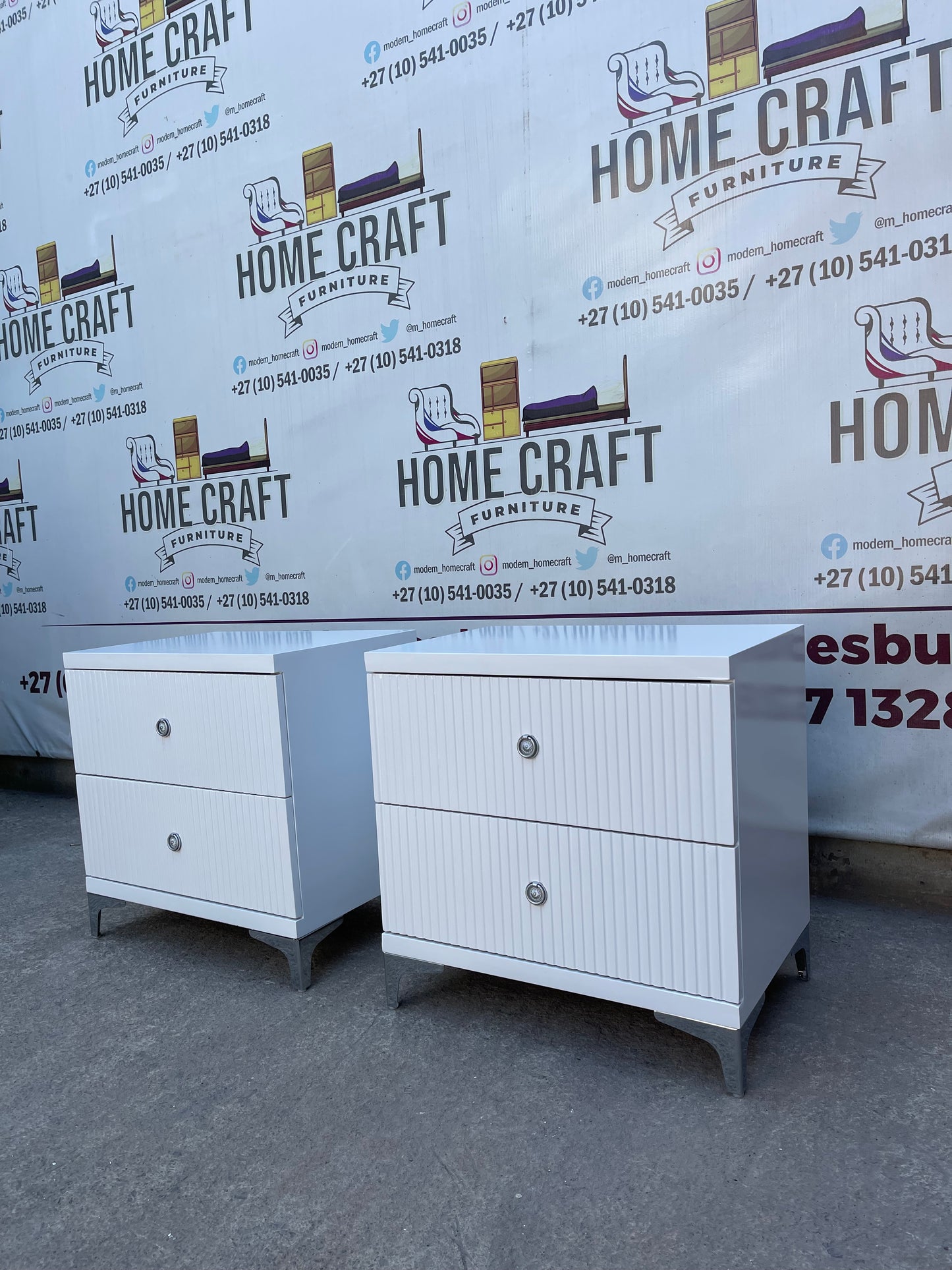 2 Drawer Pedestals With Lines & Silver Legs - White