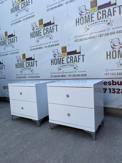 2 Drawer Pedestals With Lines & Silver Legs - White