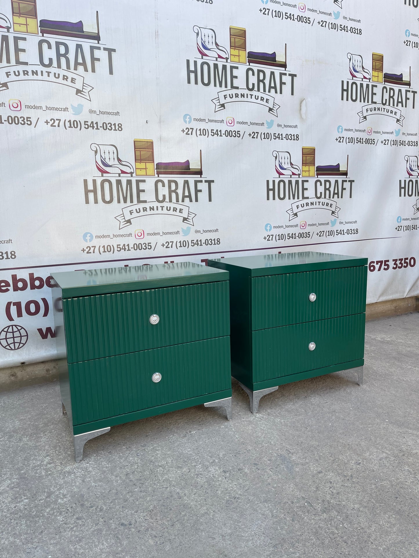2 Drawer Pedestals With Lines & Silver Legs - Green
