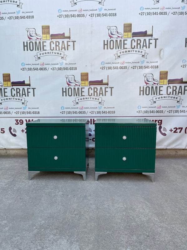 2 Drawer Pedestals With Lines & Silver Legs - Green