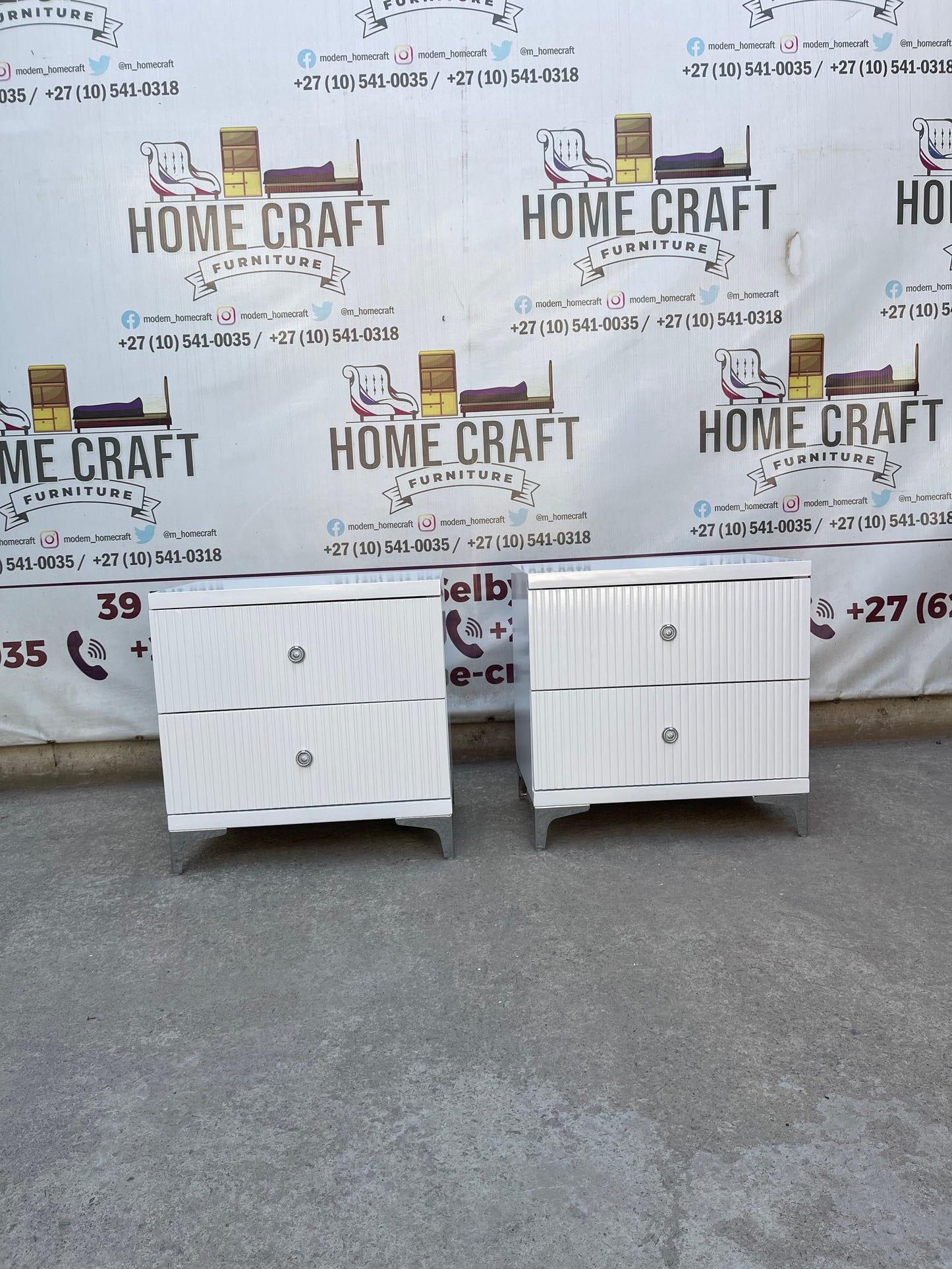 2 Drawer Pedestals With Lines & Silver Legs - White