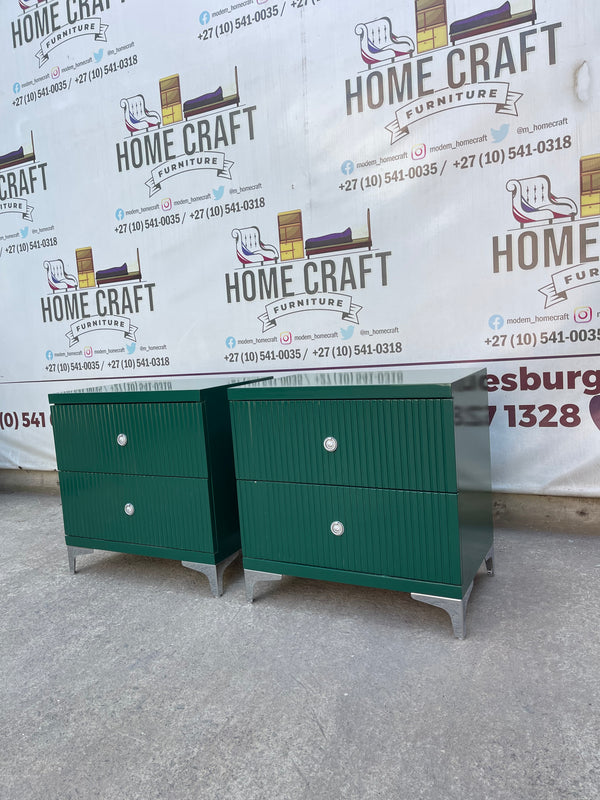 2 Drawer Pedestals With Lines & Silver Legs - Green