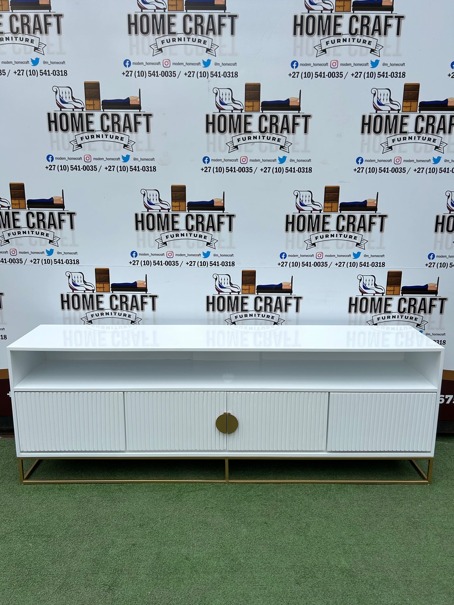 Linda - 2 Drawer & 2 Doors Tv Stand - With Centre Shelves - White & Gold