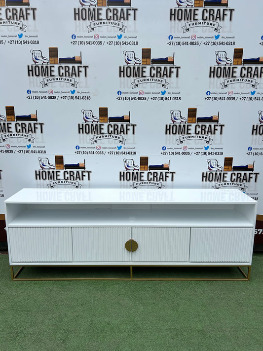 Linda - 2 Drawer & 2 Doors Tv Stand - With Centre Shelves - White & Gold