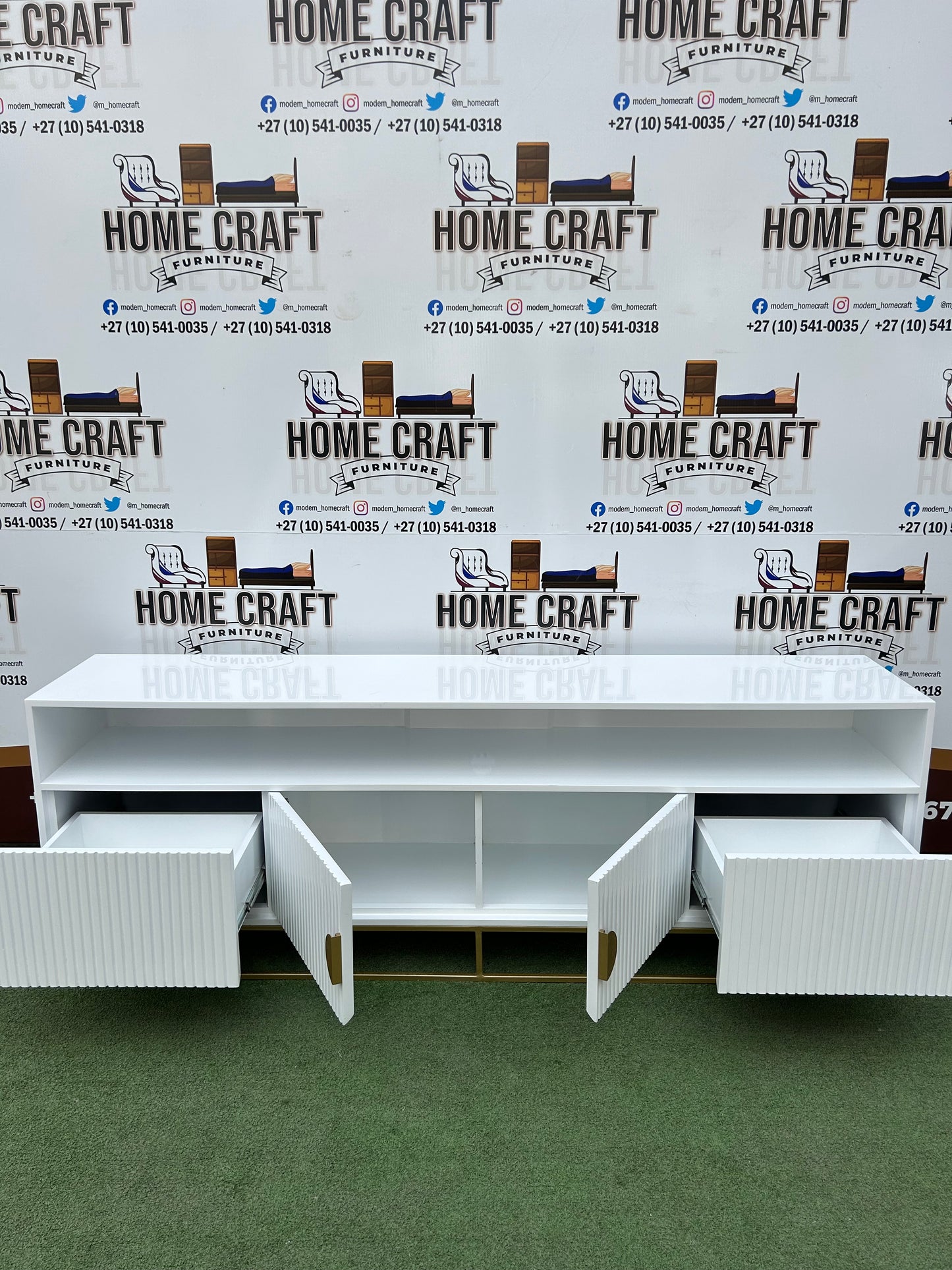 Linda - 2 Drawer & 2 Doors Tv Stand - With Centre Shelves - White & Gold