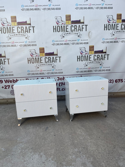 2 Drawer Pedestals With Lines, Legs & Double Glass Knob Handles.