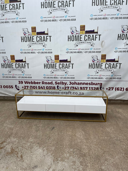 3 Drawer Tv Stand With Gold Frame & Glass Top