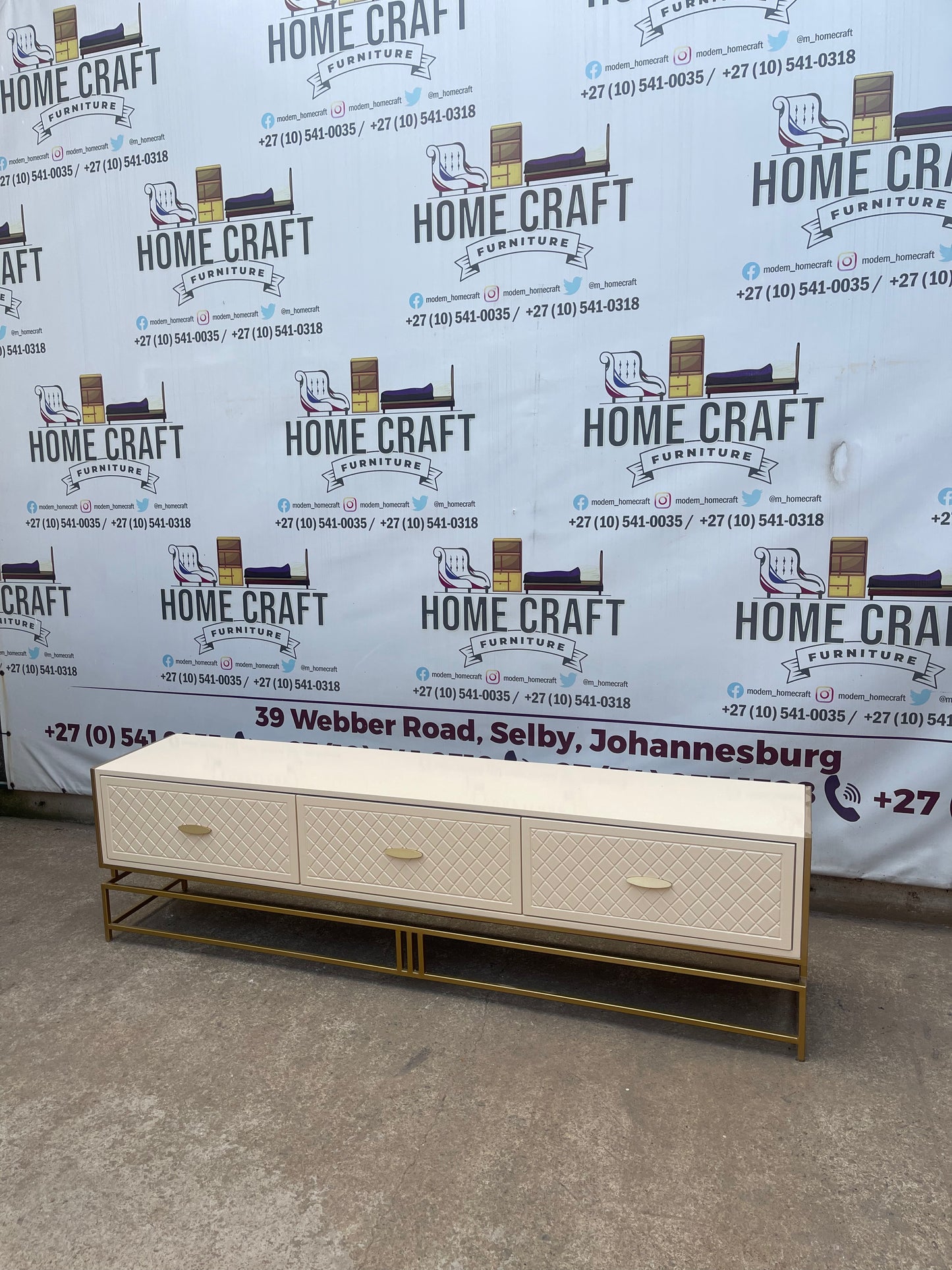 Gold Frame Tv Stand- 3 Drawers With Diamond Faces