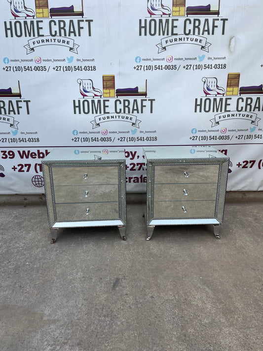 Face In - 3 Drawer Mirror Pedestals With Silver Studs