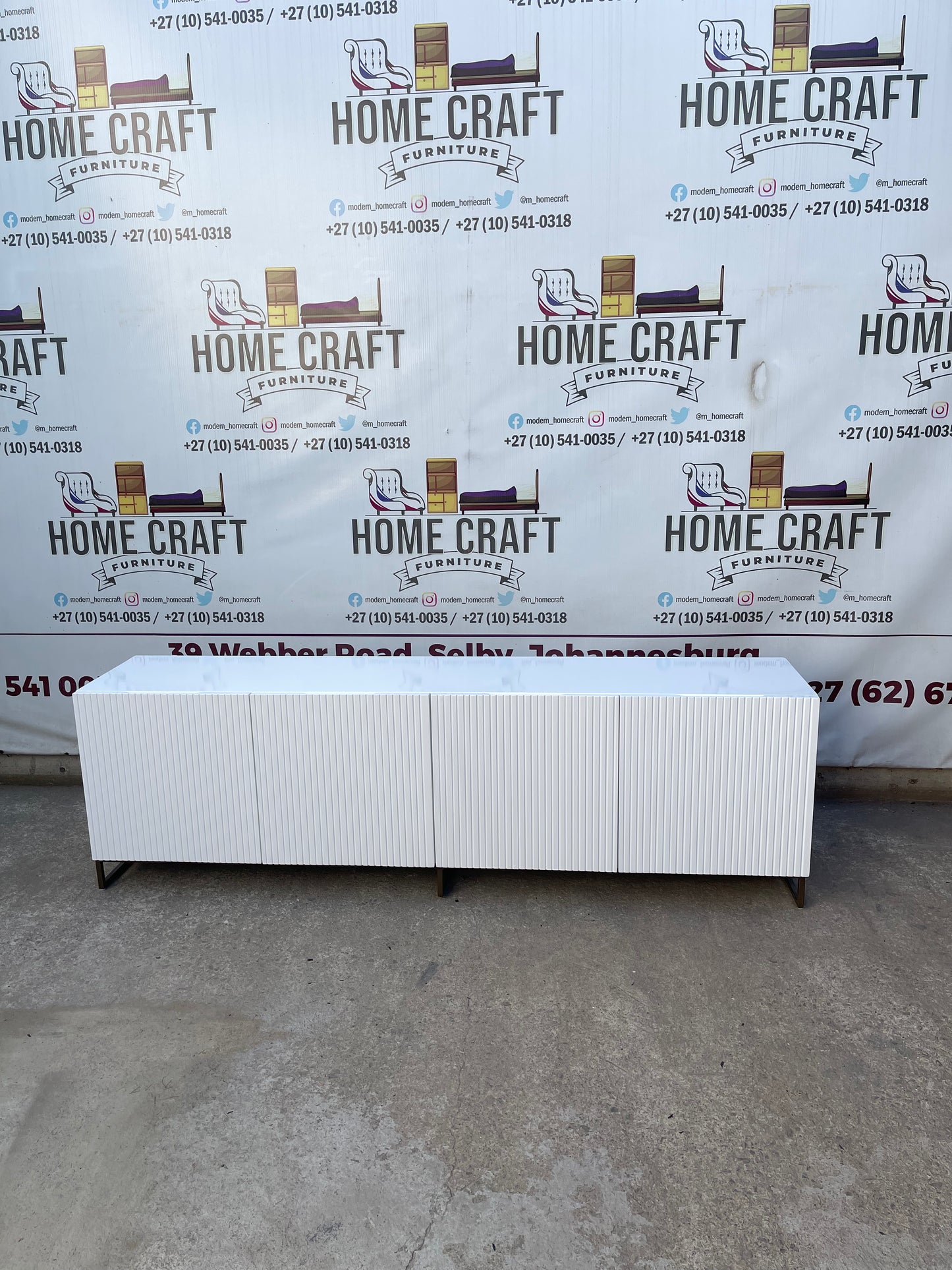 4 Door Tv Stand With Lines Design & Steel Base Frame