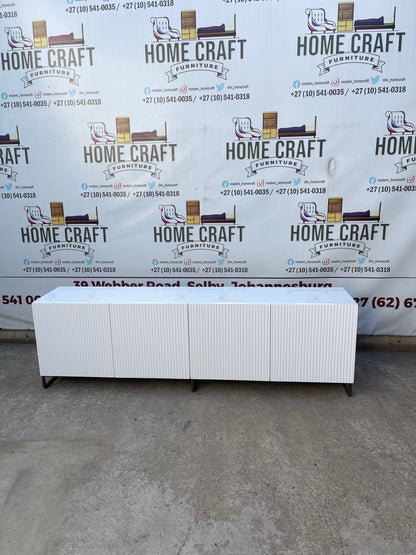 4 Door Tv Stand With Lines Design & Steel Base Frame