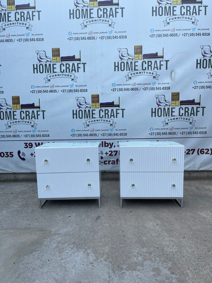 2 Drawer Pedestals With Lines & Double Glass Knob Handles With Steel Base Frame.