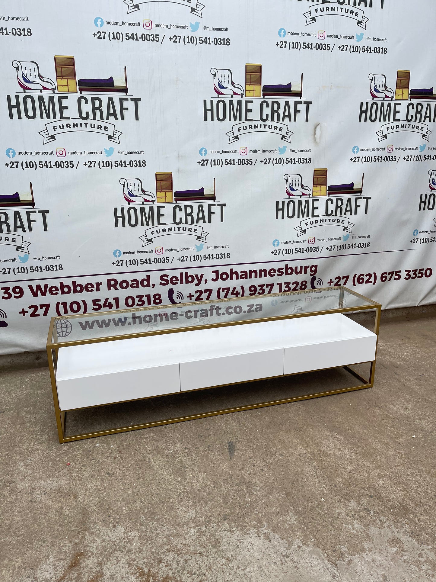 3 Drawer Tv Stand With Gold Frame & Glass Top