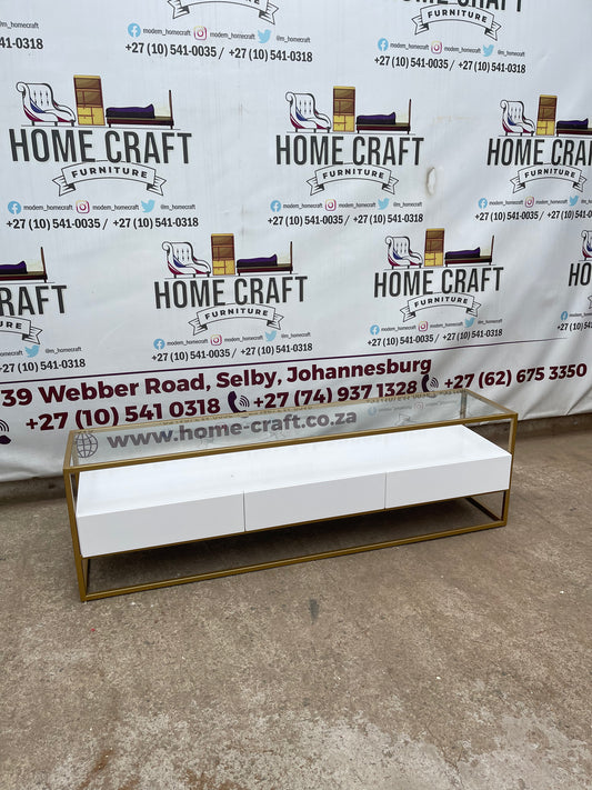 3 Drawer Tv Stand With Gold Frame & Glass Top