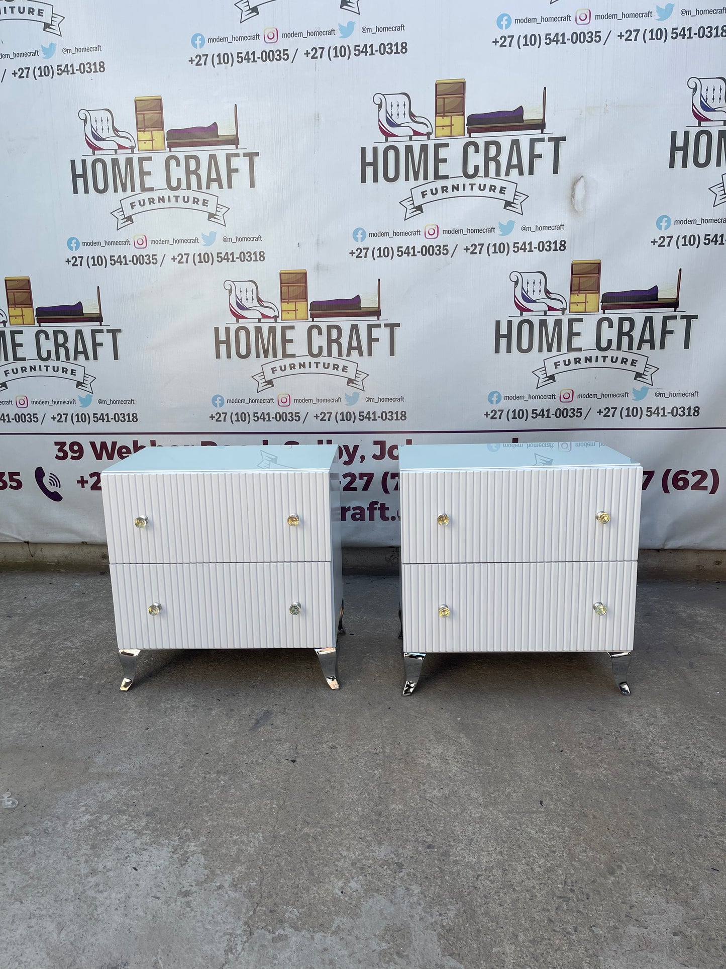 2 Drawer Pedestals With Lines, Legs & Double Glass Knob Handles.