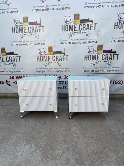 2 Drawer Pedestals With Lines, Legs & Double Glass Knob Handles.