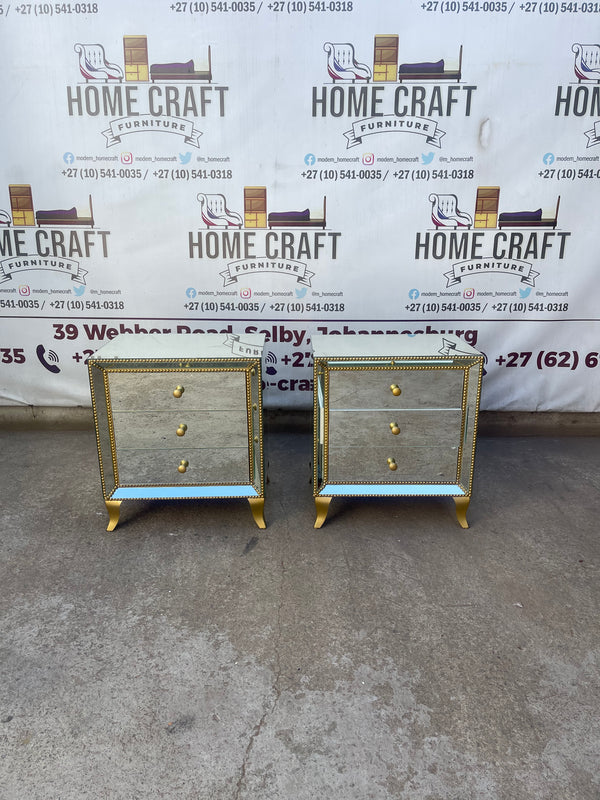 Face In - 3 Drawer Mirror Pedestals With Gold Studs