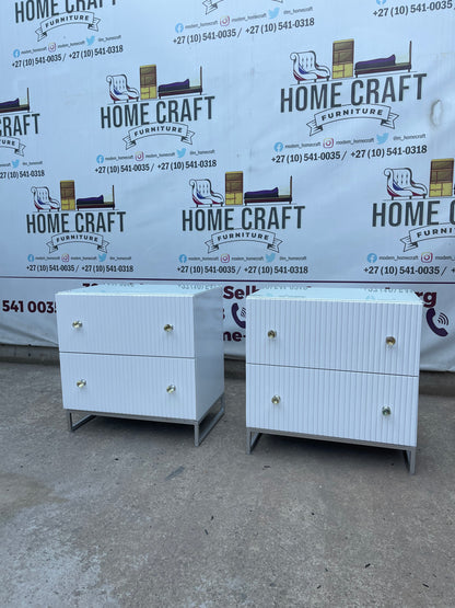 2 Drawer Pedestals With Lines & Double Glass Knob Handles With Steel Base Frame.