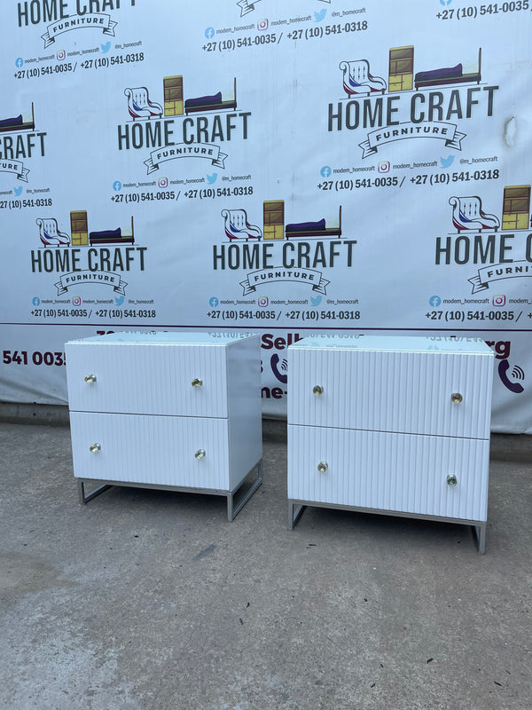 2 Drawer Pedestals With Lines & Double Glass Knob Handles With Steel Base Frame.