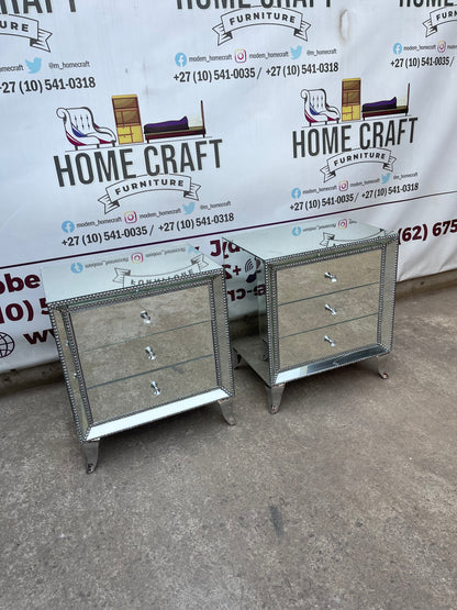 Face In - 3 Drawer Mirror Pedestals With Silver Studs