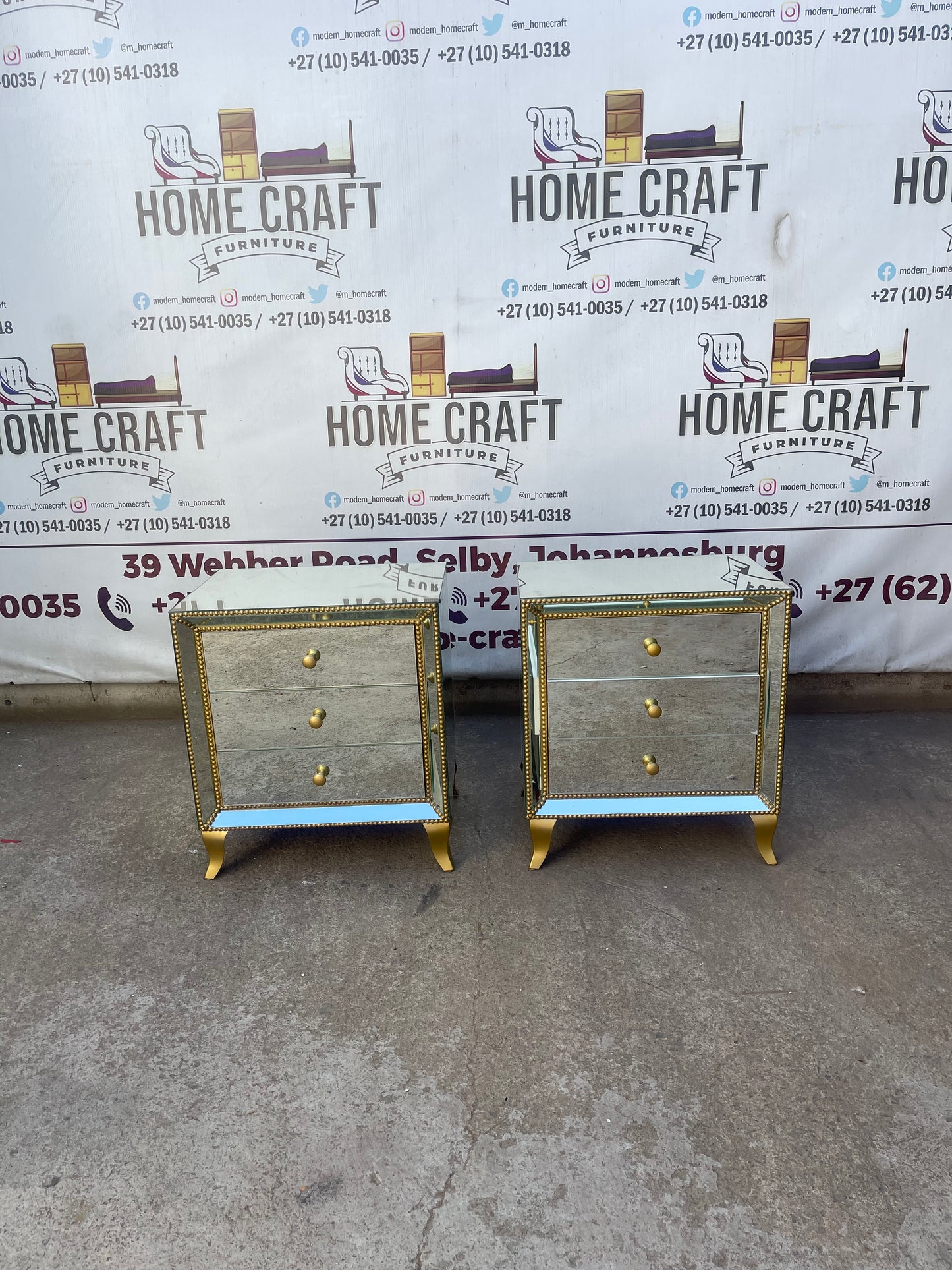 Face In - 3 Drawer Mirror Pedestals With Gold Studs