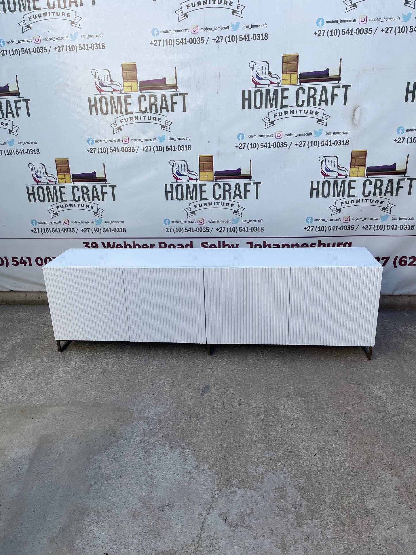 4 Door Tv Stand With Lines Design & Steel Base Frame