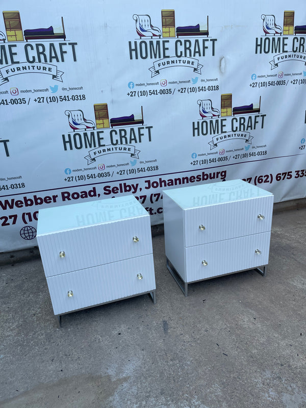 2 Drawer Pedestals With Lines & Double Glass Knob Handles With Steel Base Frame.