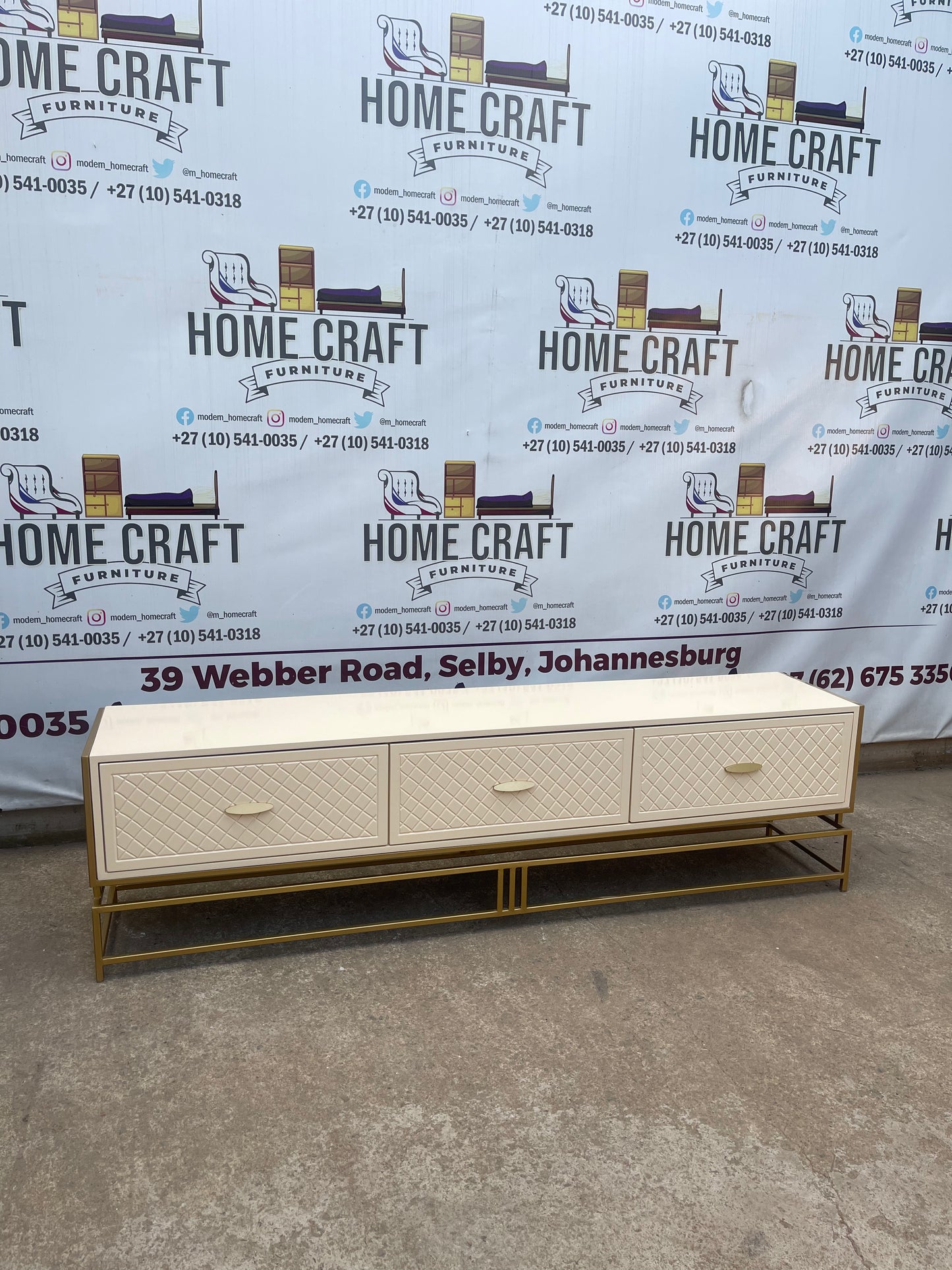 Gold Frame Tv Stand- 3 Drawers With Diamond Faces