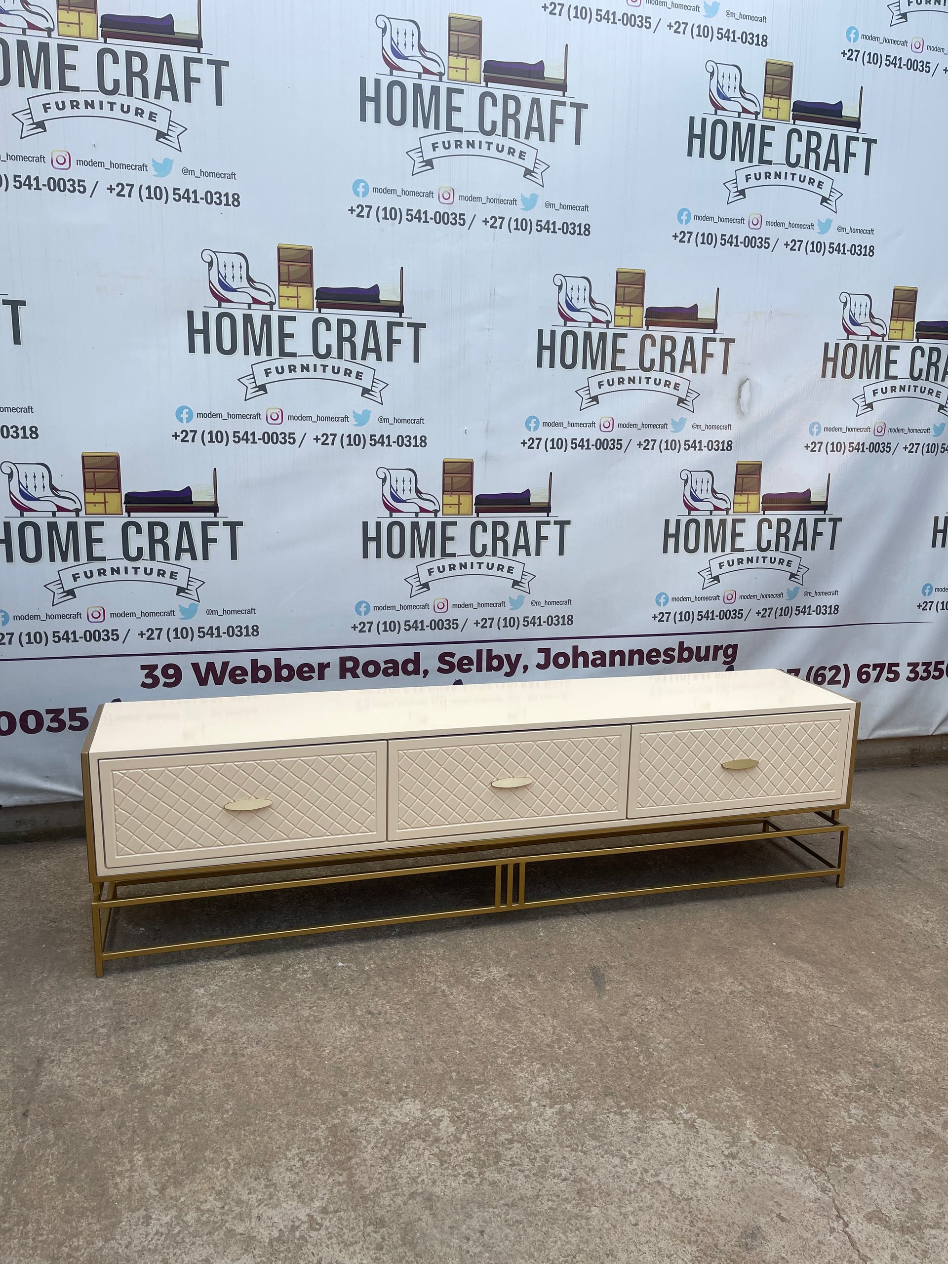 Gold Frame Tv Stand- 3 Drawers With Diamond Faces