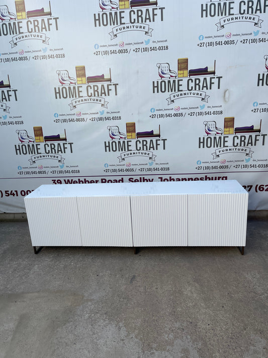 4 Door Tv Stand With Lines Design & Steel Base Frame