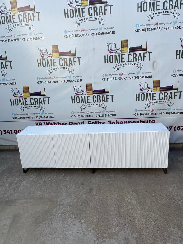 4 Door Tv Stand With Lines Design & Steel Base Frame