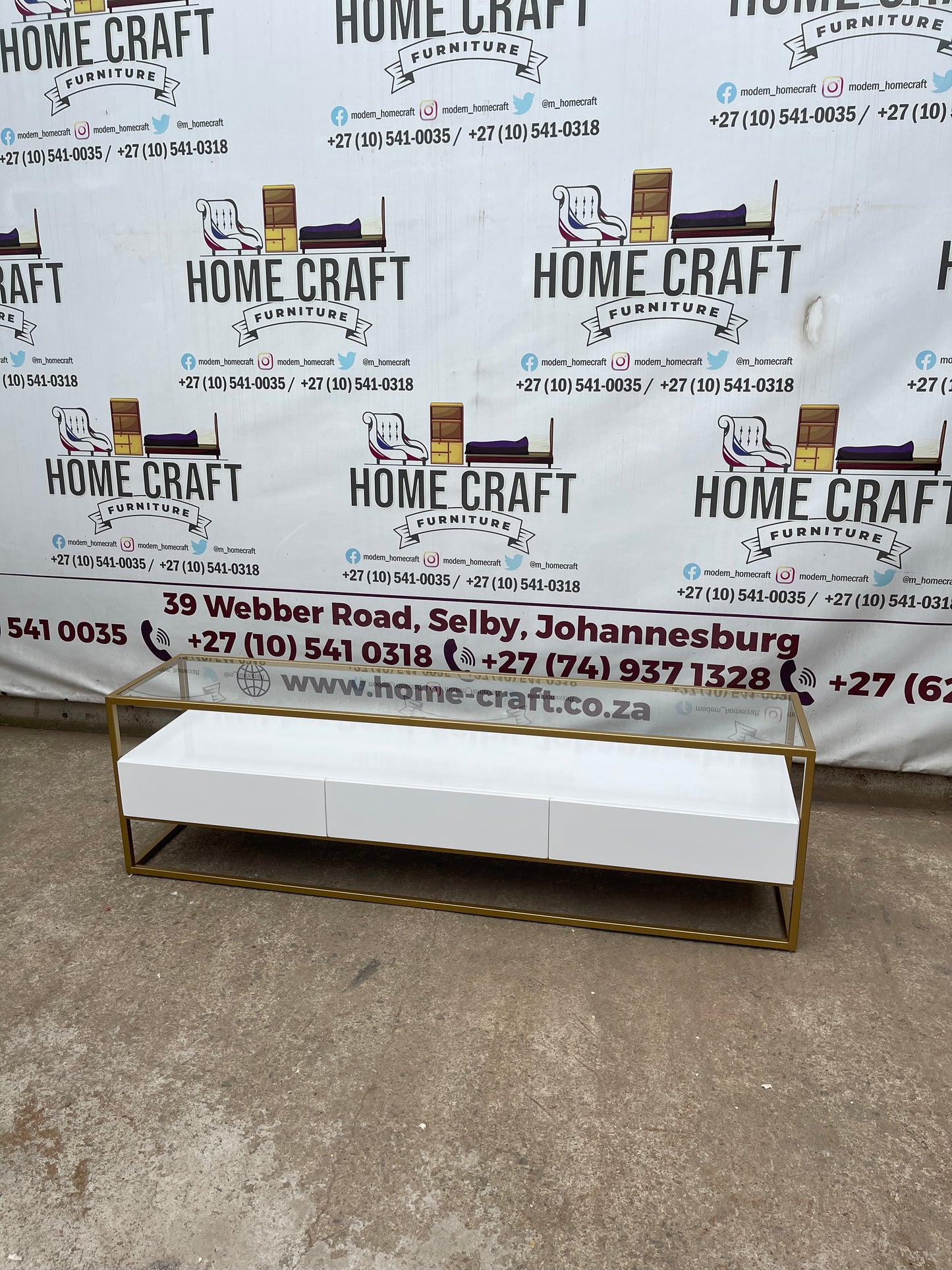 3 Drawer Tv Stand With Gold Frame & Glass Top