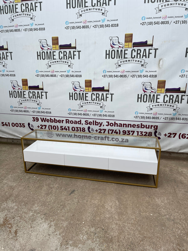 3 Drawer Tv Stand With Gold Frame & Glass Top