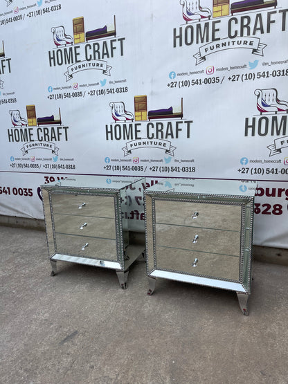 Face In - 3 Drawer Mirror Pedestals With Silver Studs