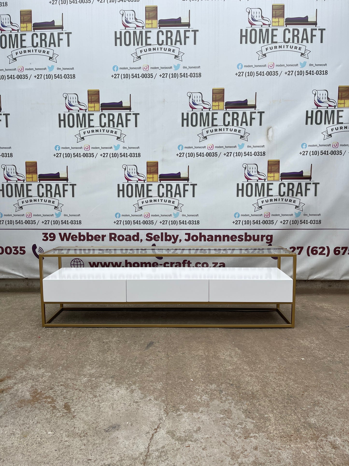 3 Drawer Tv Stand With Gold Frame & Glass Top