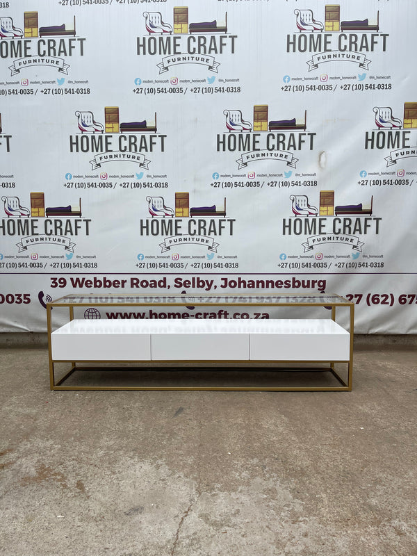 3 Drawer Tv Stand With Gold Frame & Glass Top