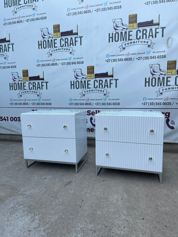 2 Drawer Pedestals With Lines & Double Glass Knob Handles With Steel Base Frame.