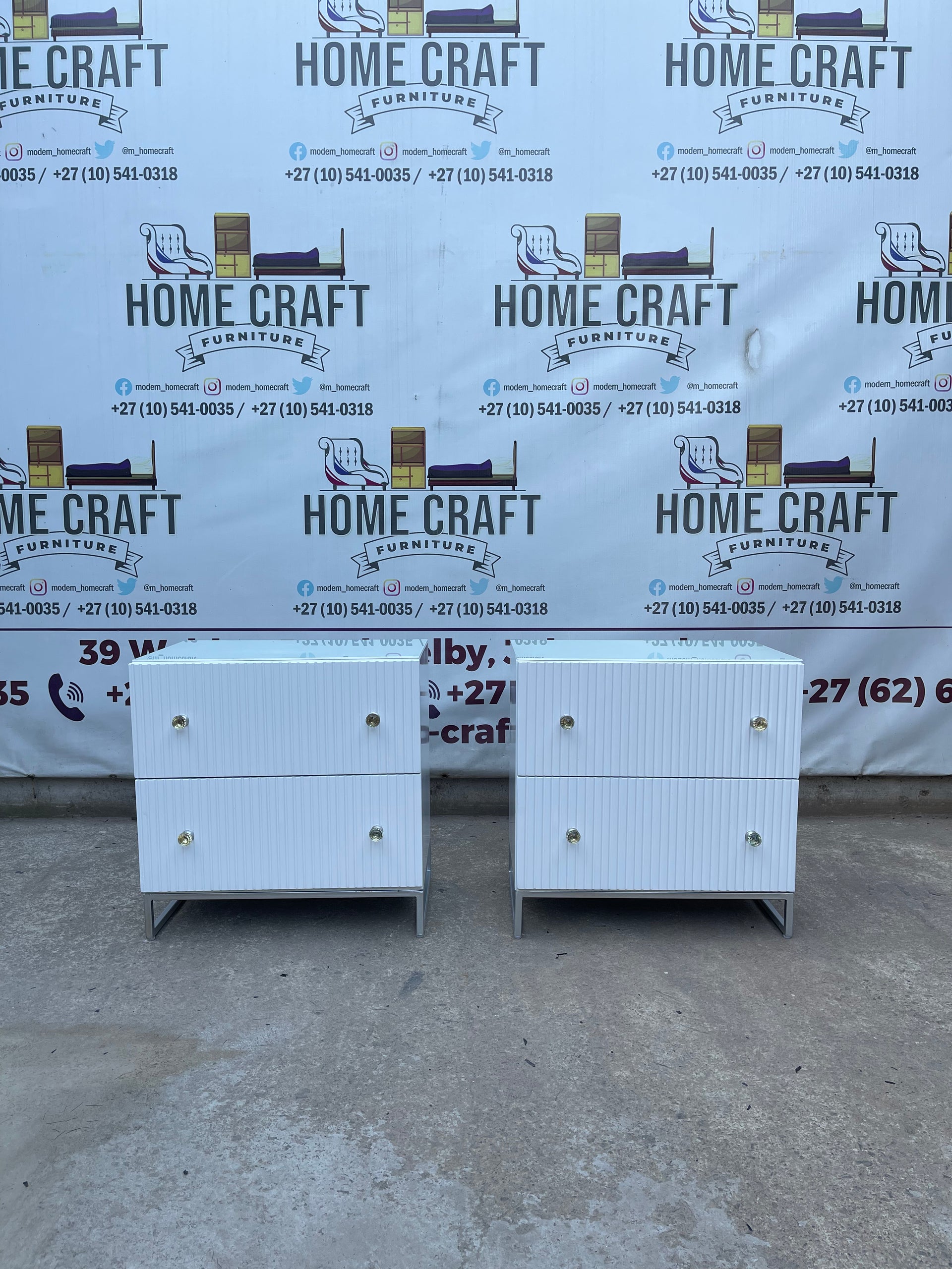 2 Drawer Pedestals With Lines & Double Glass Knob Handles With Steel Base Frame.
